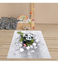 Panda Desenli Sevimli Pandalı Dijital Baskılı Kaymaz Taban Leke Tutmaz Çocuk ve Bebek Odası Halısı (Gri)