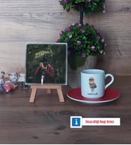 Baykuş Fotoğraflı Dekoratif Taş, Ahşap Altlıklı Türk Kahvesi Fincanı Hediye (Model 3)