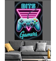 Neon Oyun Kontrolcü İllüstrasyon Dekoratif Kanvas - Mdf Ahşap Tablo