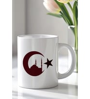 Ay Yıldız Desenli 330ml Baskılı Beyaz Seramik Kupa Bardak
