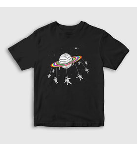 Presmono Unisex Çocuk Siyah Saturn Astronaut Space Astronot Uzay T-Shirt 283831tt