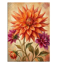 Turuncu Dahlia Çiçeği Vintage Desen Dekoratif Kanvas - Mdf Ahşap Tablo