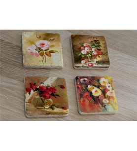 Renkli Güller Doğal Taş Bardak Altlığı 4'lü set - Natural Stone Coasters
