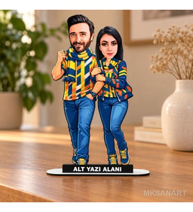 Kişiye Özel 2 Kişilik Sarı Lacivert Sevgili Süper Karikatürlü 18 cm MDF Masaüstü Biblo - Futbol Temalı Hediye Futbol Severlere ve Spor Tutkunlarına Hediye