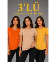 3’lü Kısa Kollu Bisiklet Yaka Basic Slim Fit T-Shirt - Turuncu - Bej - Hardal