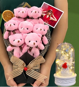 Fotoğraflı Büyük Boy 7'li Peluş Ayıcık Buketi ve Led Işıklı Beyaz Melekli Fanus (Model 1)