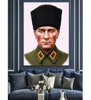 Kalpaklı Atatürk Portre Çizimi Dekoratif Kanvas - Mdf Ahşap Tablo