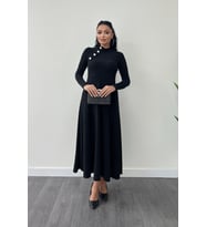 Pırıltılı Krep Kumaş Düğme Detaylı Midi Elbise - SİYAH