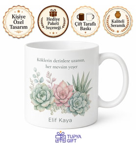Sukulent Temalı Baskılı Kupa Bardak Hediye Özel Tasarım Porselen Mug