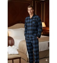 Yeni Sezon Kalın Lüx Tasarım Apaj Yaka Erkek Pijama Takımı (Lacivert)