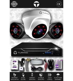 TURKNO 3 Kameralı Galia 1 İç Kamera Set 1 TB HDD Full HD Gece Görüşlü Güvenlik Kamerası Sistemi