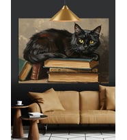 Siyah Kedi Kitap Uyku Dekoratif Kanvas - Mdf Ahşap Tablo
