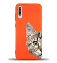 Samsung Galaxy A70 Uyumlu Lansman Kılıf Catface Tasarımlı İçi Kadife Kapak-Turuncu (Şeffaf)