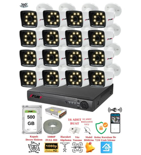 FURY 16 Kameralı 5mp Lens 1080p 2mp ColorGörüntü 8 Warm Led Gece Görüş FullHd Güvenlik Kamera 5525W 500GB