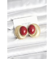 Pirinç Gold Renk Bordo Boncuklu Oval Vintage Kadın Küpe TJ-BKP11391