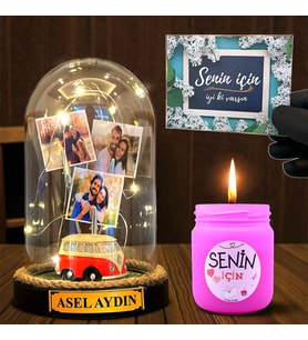 Sizlere Özel Led Işıklı Fanus ve Mis Kokulu Mum Hediye Seti Kişiye Özel Hediye (Model 6)