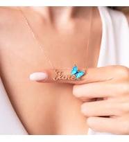 925 Ayar Gümüş Kişiye Özel İsimli Rose Gold Mavi Kelebek Kolye