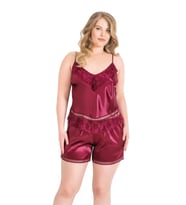 Amora Secret Büyük Beden Bordo Saten Babydoll Şort Takımı