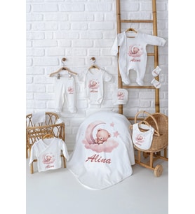 Pia Baby Premium %100 Pamuk 10 Parça İsme Özel Kız Bebek Hediyesi Hastane Çıkışı Seti 5006-01 (Krem)