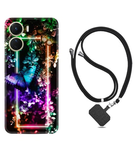 Vivo Y16 Kılıf Silikon Boyun Askılı İpli Desenli Silikon Butterfly Neon 1684