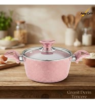 ARZU ÇELİK 18 Cm Granit Derin Tencere Cam Kapak - Pembe