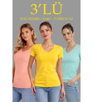 pilelistore- 3lü V Yaka Tişört – Kısa Kollu Yazlık Slim Fit Body - Toz Pembe, Sarı, Turkuvaz (Çok Renkli)