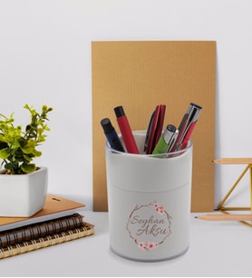BK Gift Kişiye Özel Çiçek Tasarımlı Beyaz Akrilik Kalemlik - Model 5
