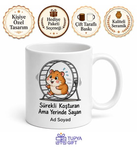 Tekerlekte Koşan Hamster Çizimli Sürekli Çalışan Ama Yerinde Sayan Kupa Bardak Hediye
