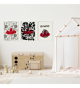 Kırmızı Siyah Kalabalık Duvar Tablosu Çerçeveli 3'lü Set Beyaz Renk 30 x 42 Boyut/Ebat
