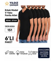 Yıldız Çamaşır Erkek V Yaka Kısa Kol Modal Likralı Fanila Atlet (150-151-152-153 ) - 6 Adet