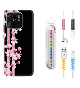 Xiaomi Redmi Note 7 8 9 Pro 10 2022 10 Pro 10S Kılıf Kablo Koruma Spiral Silikon Pink Flowers 3 1393