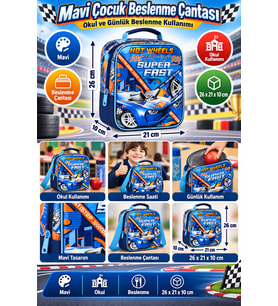 Hot Wheels Mavi Beslenme Çantası Çocuk Öğrenci Okul Yemek Çantası Günlük Kullanım 26x21x10 cm