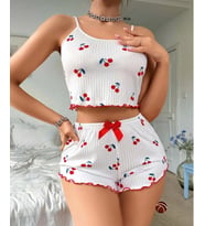 Lily Beyaz Kırmızı Kiraz Desenli %100 Pamuk İnce Askılı Büstiyer Şort Takım