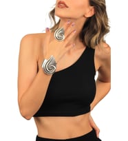 Kadın Antik Gümüş Kaplama Ayarlanabilir Geniş Band Su Damlası Modeli Bileklik & Yüzük Set