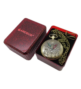 Ardeur® Vintage Osmanlı Arması Kabartmalı Desen İşlemeli Pirinç İsme Özel Lüks Cep Saati Köstekli Saat