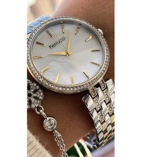 Ferrucci Silver&Gold Çelik Kordon Şık Kadın Kol Saat+%100 Çelik Kolye Hediye