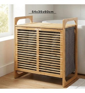 KALIN AHŞAP BAMBU 2 BÖLMELİ KİRLİ ÇAMAŞIR SEPETİ KUMAŞ ÇANTALI SEPET=54X35X60CM (5680)
