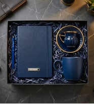 Kişiye Özel Defter & Touchpen Kalem & Gold Yaldızlı Türk Kahve Fincanı & Kupa Premium Ofis Hediye Seti (Mavi)