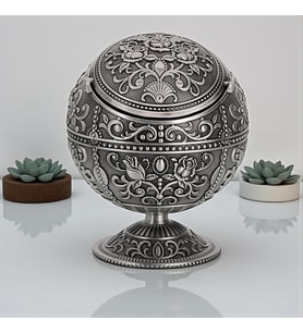 Lüks Gül Motifli Metal Top Rüzgar Geçirmez Küllük Tütsülük Çok Fonksiyonlu Dekoratif Obje Biblo 12cm (Gümüş)