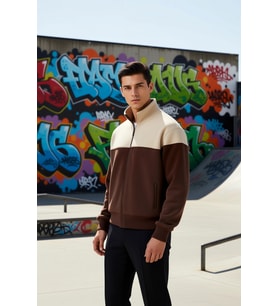 Erkek Dik Yaka Standart Kol Fermuarlı Renk Bloklu Sweatshirt Fonksiyonel Dayanıklı Estetik