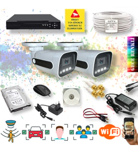 Qromax 2 Kameralı Set - Yapay Zeka Özellikli Gece Renkli Gösteren 5MP SONY Lensli 4 Ultra Warm Ledli FULLHD Güvenlik Kamerası Seti 784W-114