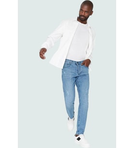 Erkek Slim Fit Dar Kesim Denim Kot Pantolon Yırtık Detaylı Casual Günlük Dayanıklı Malzeme (Açık Mavi)
