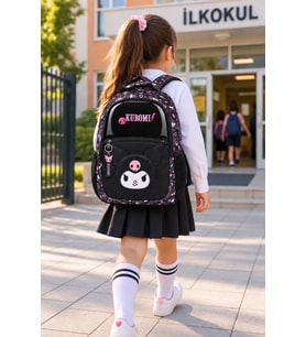 Kuromi Kız Çocuk İlkokul Çantası Mor Ergonomik 3 Gözlü 2 Matara Cepli Baskılı 42 x 28 x 13 cm