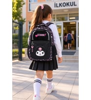 Kuromi Kız Çocuk İlkokul Çantası Mor Ergonomik 3 Gözlü 2 Matara Cepli Baskılı 42 x 28 x 13 cm