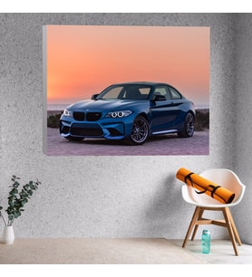 Gün Batımı Manzaralı Bmw Mavi Renkli Araba Dekoratif Kanvas Tablo