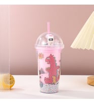 Dinozor Işıklı ve Pipetli Bardak, 450 ml, Boncuklu ve Kapaklı, Pembe, 20x8 (Pembe)