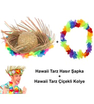River World Çiçekli Hawaii Kolye ve Tropikal Çiçekli Hasır Şapka Set