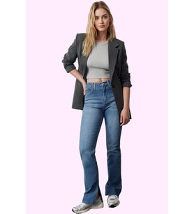 Kadın Denim Flare Jean Yüksek Bel 5 Cep Esnek Günlük Ve Şık Kombinler Yaz Aylarının Vazgeçilmezi (Lacivert)