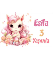 Pembe Unicorn Temalı Doğum Günü Afişi -2 35X50 cm