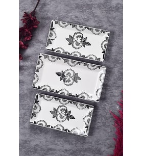 3’lü Black Rose Desen Handmade Seramik Kahvaltı Salata Sunum Çerezlik Seti Kayık Tabak Seti